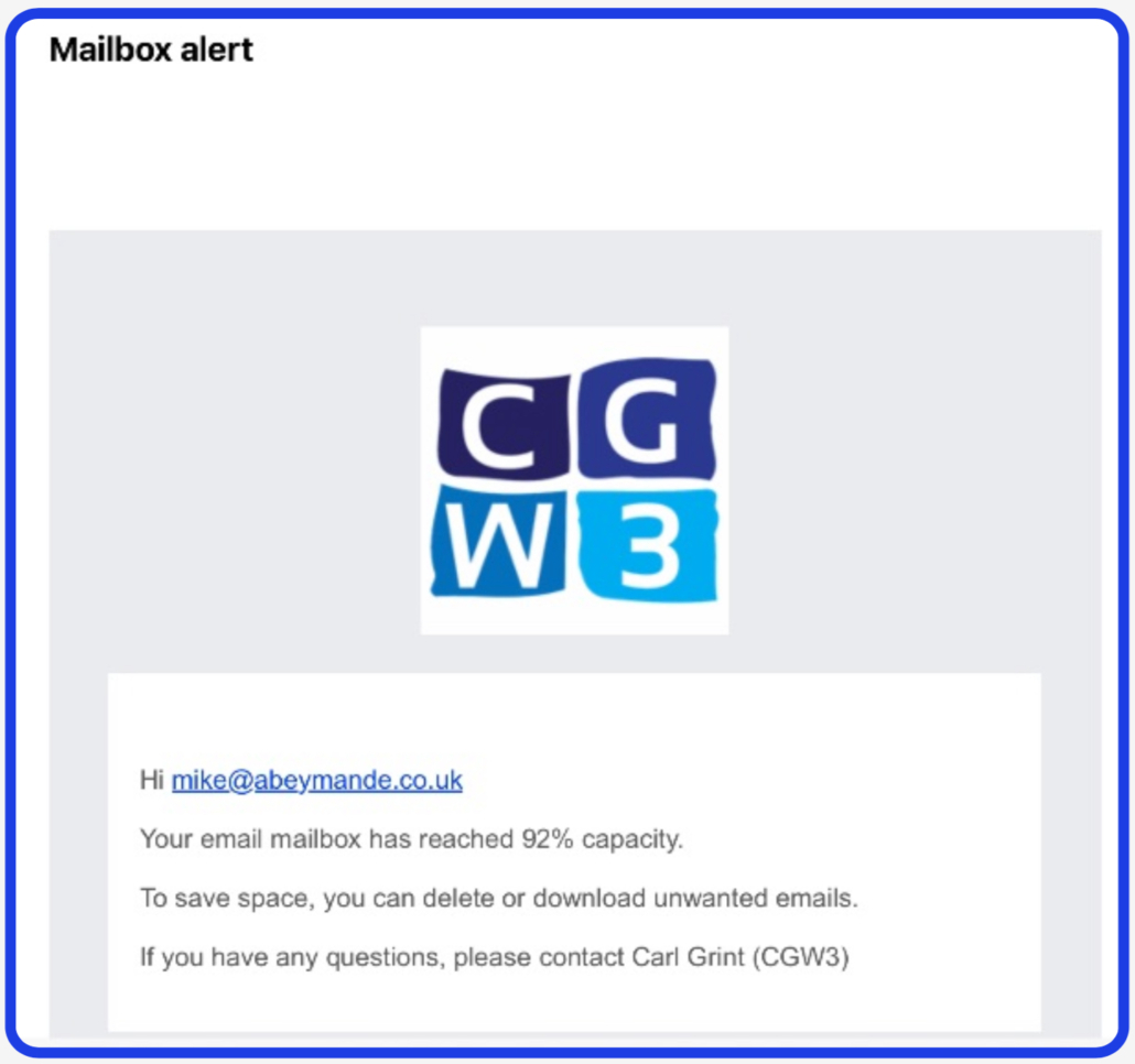 Mailbox full email example